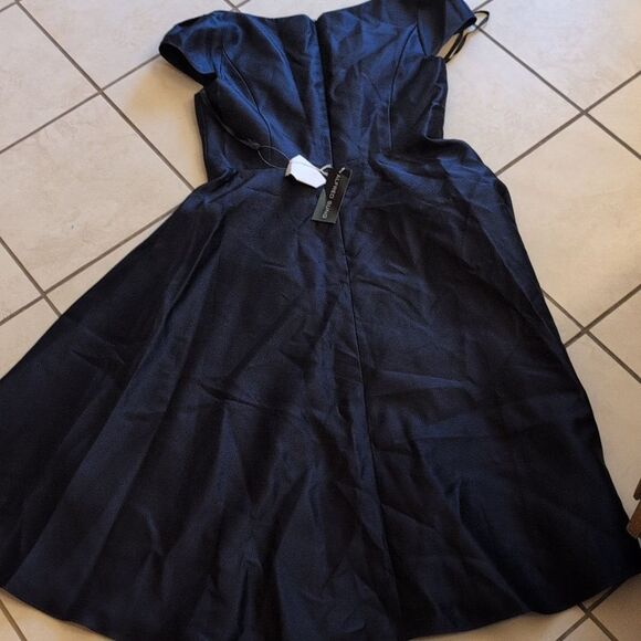 NWT Alfred Sung Cap Sleeve Satin Midi Dress Dark Navy Blue Size 14 - Picture 3 of 12